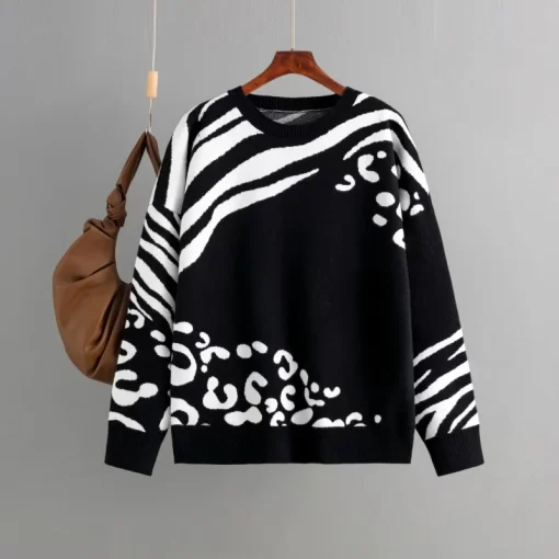 4ajoAutumn Leopard Knitted Sweater Women Pullover Winter Korean Fashion Casual Long Sleeve Pullover Women Tops Loose