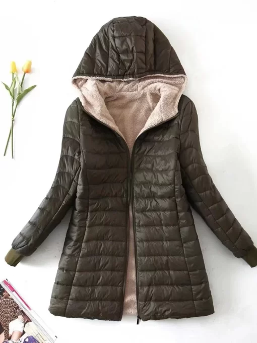 4mIYWomen s Jacket Winter New Mid Length Korean Edition Hooded Fit Plus Fleece Cotton Coat Warm