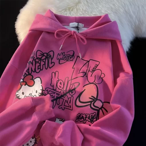 4t2mSanrio Hello Kitty New Print Tops Hooded Women Men Autumn Winter Aesthetic Loose Sweatshirts Y2k Cute