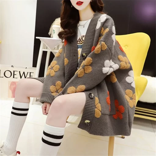 4xg4Casual V neck Printed Splicing Knitted Embroidery Cardigan Outwear Women 2022 Autumn Winter Sexy Loose Streetwear
