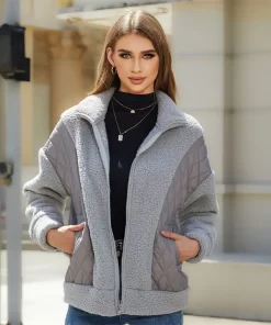 5RvLAutumn and winter new fashion long sleeved cardigan zipper plush splicing cotton coat for women