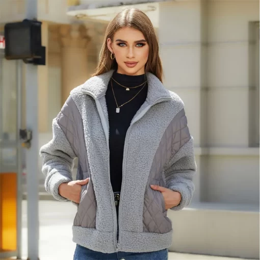 5RvLAutumn and winter new fashion long sleeved cardigan zipper plush splicing cotton coat for women