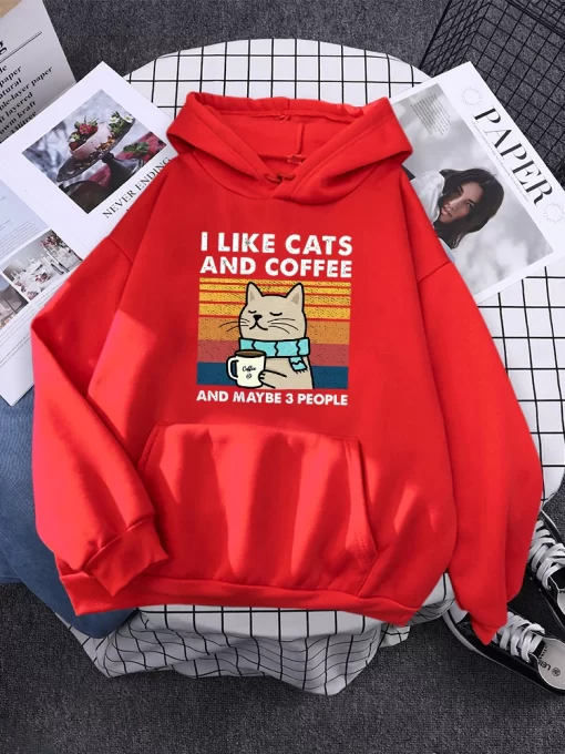 5W5xi like cats and coffee Printed Women Hoody Kpop Comfortable Tracksuit Solid Hooded Sportswear Personality Warm