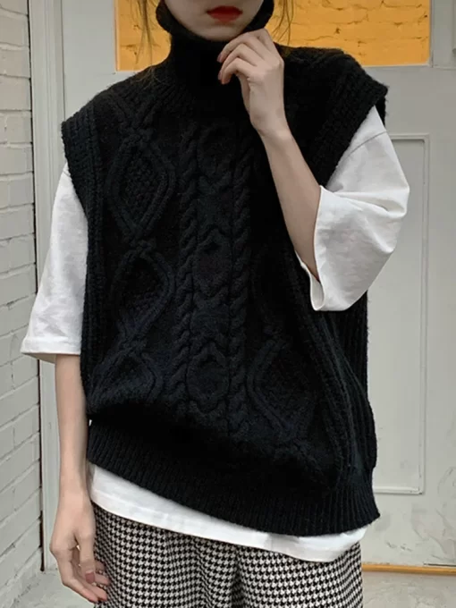 5e3AUCXQ Twist Pattern Knitted Sweaters Vest Women Korean Fashion Turtleneck Waistcoat 2023 Spring Summer Sleeveless Pullover