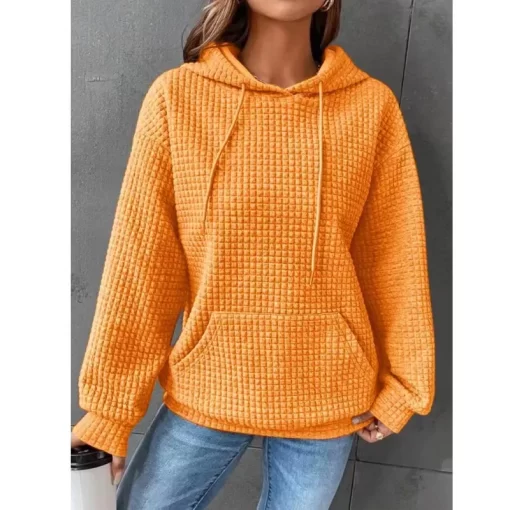 5gO4Women s Solid Color Sweatshirt Autumn Winter Hooded Sweatshirt Waffle Round Neck Long Sleeve Sweatshirt