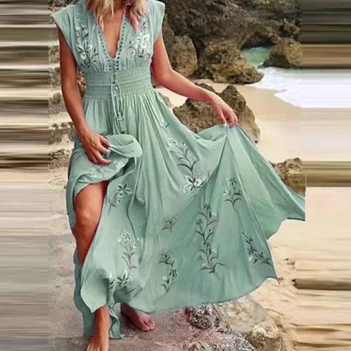 5joDBohemian French Elegant V neck Print Midi Flying Sleeve Dress Women Vacation Beach Style Short Sleeve