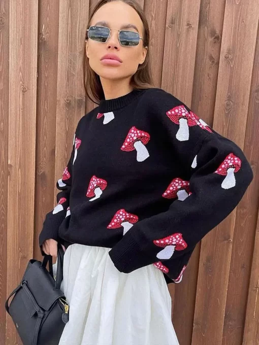 68oUFemale Fashion Chic Print Knitted Pullover Vintage O Neck Long Sleeve Sweater 2023 Winter Ladies High