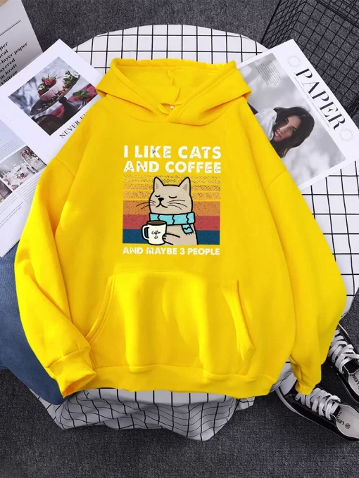 6EWDi like cats and coffee Printed Women Hoody Kpop Comfortable Tracksuit Solid Hooded Sportswear Personality Warm