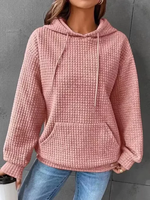 6aIKWomen s Solid Color Sweatshirt Autumn Winter Hooded Sweatshirt Waffle Round Neck Long Sleeve Sweatshirt