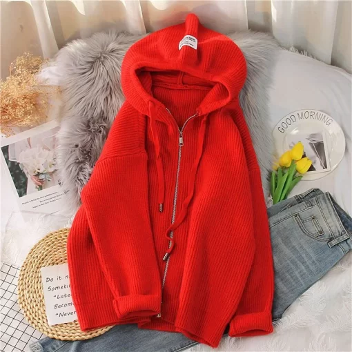 6bGK2023 Autumn Winter New Chunky Solid Color Hooded Knitted Cardigan Zipper Coat Sweater Women s Loose