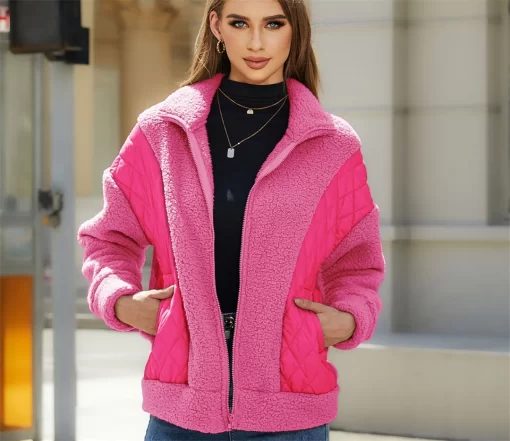 6yOUAutumn and winter new fashion long sleeved cardigan zipper plush splicing cotton coat for women
