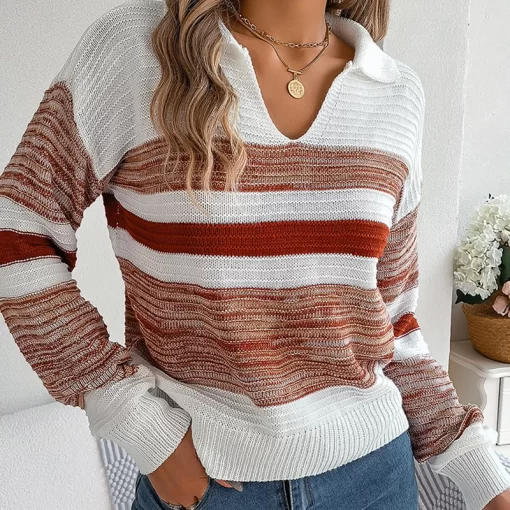 704TAutumn Winter Striped Sweater Women Casual Knitted Long Sleeve Top Fashion Black V neck Pullover Loose