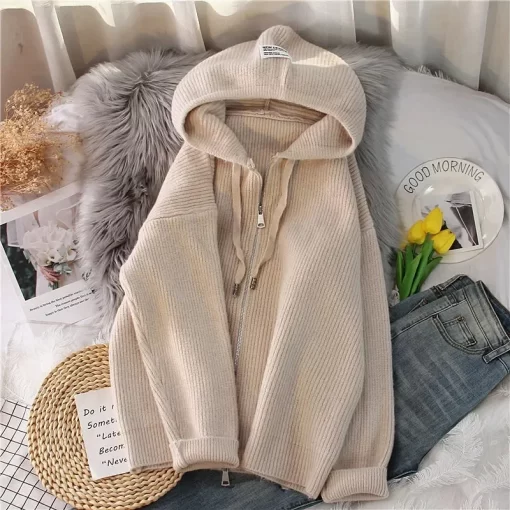7HkJ2023 Autumn Winter New Chunky Solid Color Hooded Knitted Cardigan Zipper Coat Sweater Women s Loose