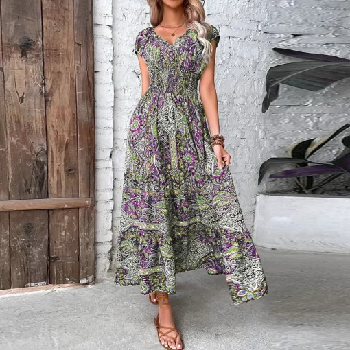 7HwMWomen Vintage Print Long Dress Summer Elegant V Neck Elastic Waist Maxi Dresses 2023 Holiday Bohe