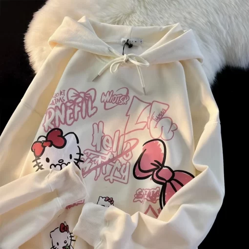 7nyOSanrio Hello Kitty New Print Tops Hooded Women Men Autumn Winter Aesthetic Loose Sweatshirts Y2k Cute
