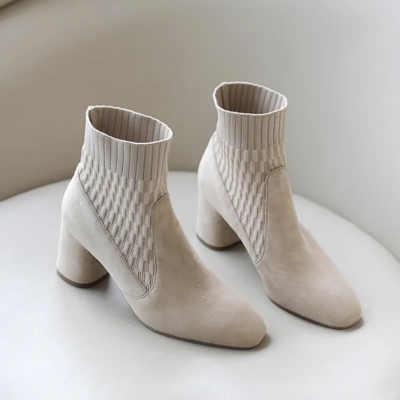 7rEfPointed Ankle Boots Winter Women New Casual Chelsea Boots Women Medium Heel Knitted Sock Boots Women