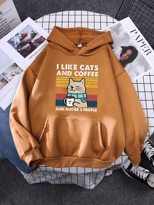 7v3bi like cats and coffee Printed Women Hoody Kpop Comfortable Tracksuit Solid Hooded Sportswear Personality Warm
