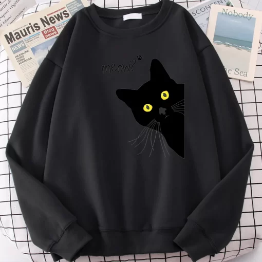 8E9rMeow Black Cat Printed Mens Sweatshirts Funny Cute Long Sleeves Casual Personality Clothes Fleece Autumn Warm