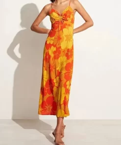 8MUXForidol Drawstring Orange Flower Print Boho Women Sundress Zip Strap Sleeveless V Neck Beach Long Maxi