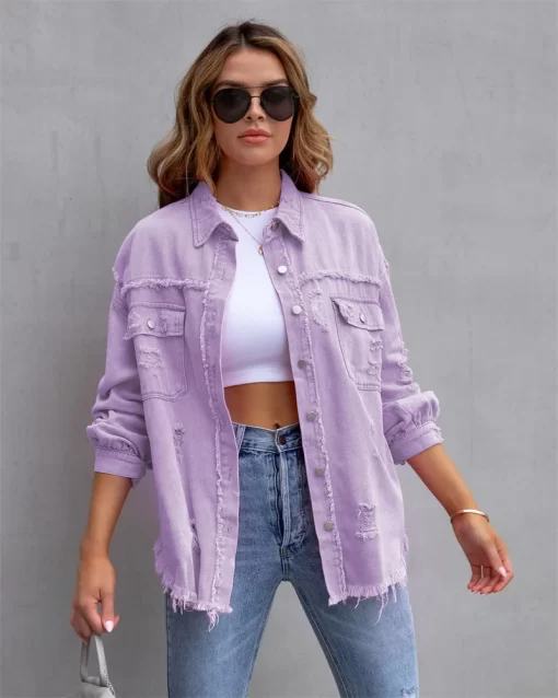 8PDu2023 Holes Raw edges Denim Jacket Women Spring Autumn Shirt Style Jeancoat Casual Top Rose Red