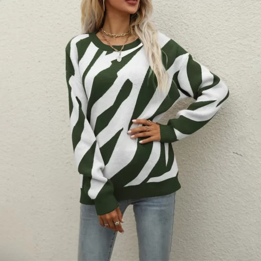 8pDnFashion Zebra Pattern Sweater Women s Casual Pullovers Autumn Winter Knit Sweater Straight Sleeve O Neck