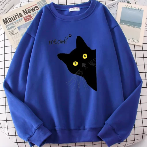 9NIzMeow Black Cat Printed Mens Sweatshirts Funny Cute Long Sleeves Casual Personality Clothes Fleece Autumn Warm