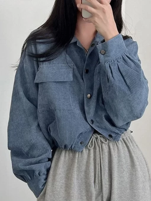 9o5iWomen Vintage Corduroy Cropped Jacket Korean Fashion Long Sleeve Drawstring Blouses Female Loose Single Breasted Coats