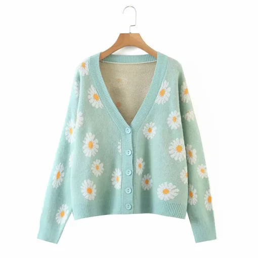 A4yFKpytomoa Femme Fashion Print Soft Sweater Ladies Full Sleeve Floral Single Little Daisy V Neck Pull