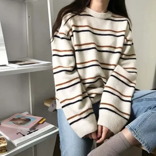 AouRStriped Vintage Loose Round Neck Acrylic Knitted Sweaters Women Korean Fashion Long Sleeve Pullover Sweater Woman