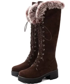 Ar1iENMAYER Fretwork Heels Velvet Zip Over the Knee Boots Winter Round Toe Fur Med Solid Women