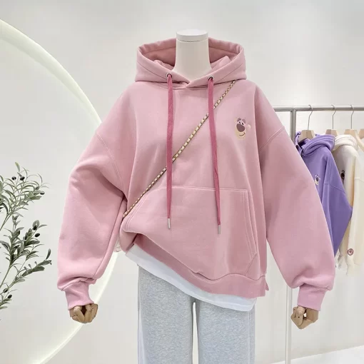 B5TQAutumn and Winter Women s Warm Hoodie Sweatshirt Korean Cartoon Embroidery Loose Pullover Clothes Fashion Casual