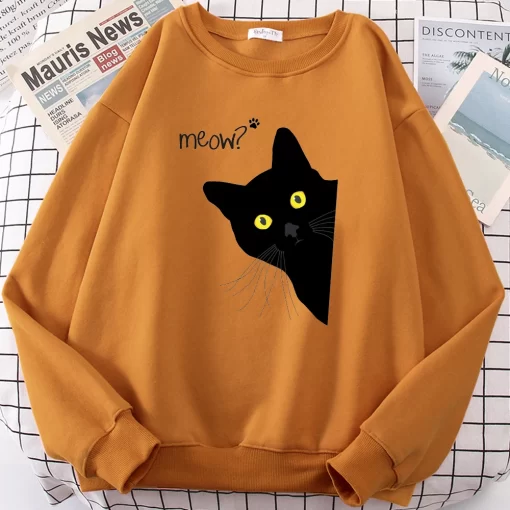 BORNMeow Black Cat Printed Mens Sweatshirts Funny Cute Long Sleeves Casual Personality Clothes Fleece Autumn Warm