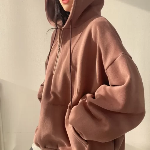 BngIWomen Hoodie Harajuku Loose Oversized Solid Color Top Half Zip Up Sweatshirt Female Casual Long Sleeve
