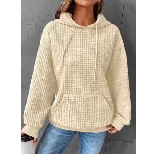 BoC0Women s Solid Color Sweatshirt Autumn Winter Hooded Sweatshirt Waffle Round Neck Long Sleeve Sweatshirt