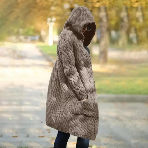BxkkAutumn Winter Ladies Warm Long Sweater Coat 2023 Fashion Women Hooded Thickened Medium Overcoat Female Knitted