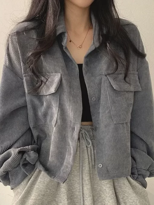 CFZPWomen Vintage Corduroy Cropped Jacket Korean Fashion Long Sleeve Drawstring Blouses Female Loose Single Breasted Coats