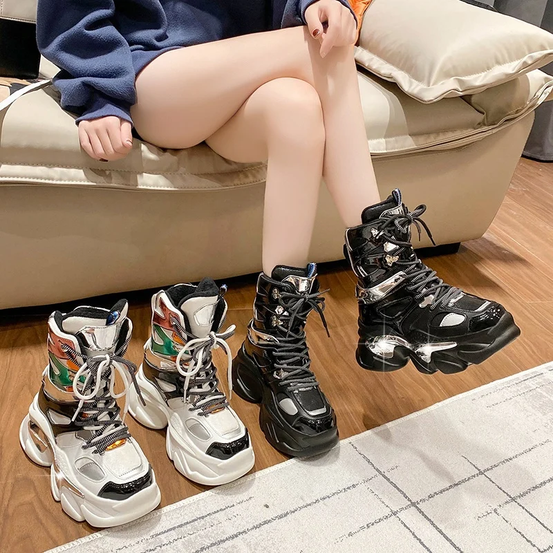 CYneDesigners High Platform Shoes New Autumn Winter Women Ankle Boots Wedges Winter Casual Dad Sneakers Leather