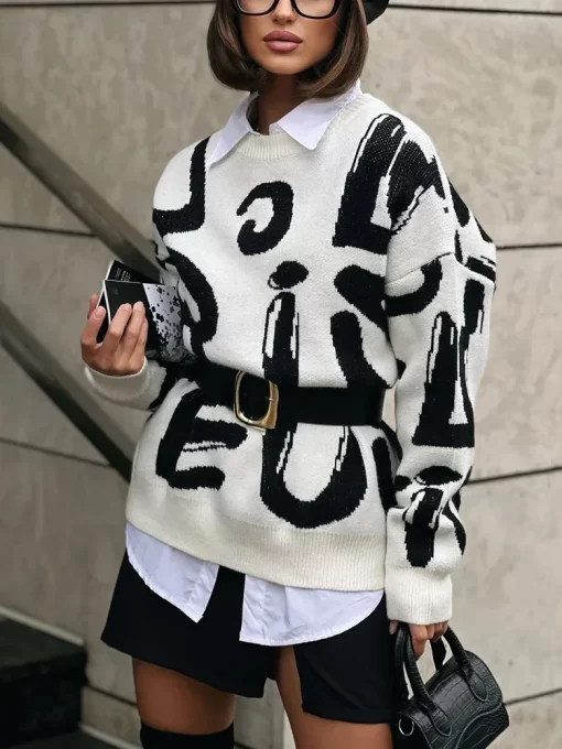CdGkWinter Women s Sweater with Letter Print Green White Oversized Pullover O Neck Classic Vintage Knitted