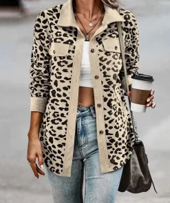 D2uc2022 Autumn Leopard Jacket Women Corduroy Jacket Coat Women Overshirt Long Sleeve Winter Loose Shirt Jackets
