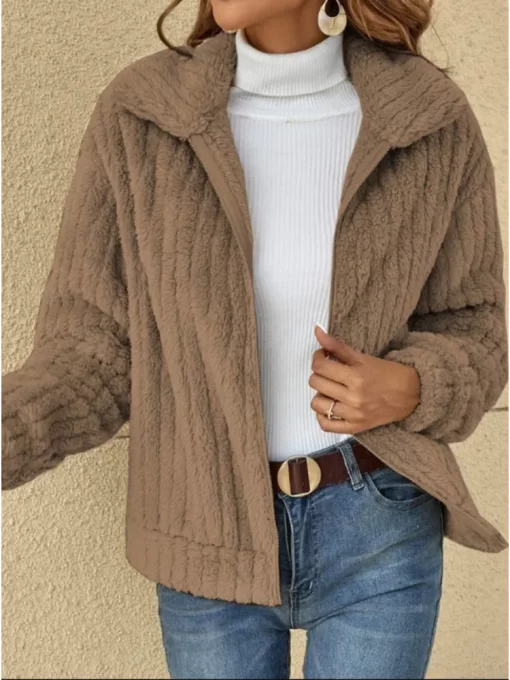 DCyoJackets for Women 2023 Autumn Winter Clothes Women Solid Lapels Zippered Plush Cardigan Cropped Coat Thick