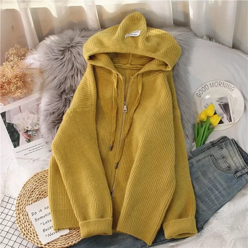 E7bQ2023 Autumn Winter New Chunky Solid Color Hooded Knitted Cardigan Zipper Coat Sweater Women s Loose