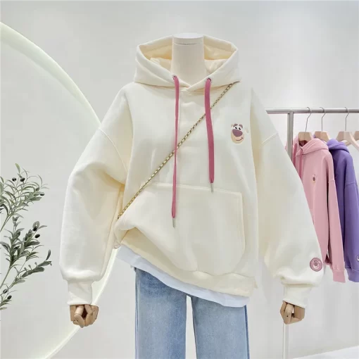 EFcCAutumn and Winter Women s Warm Hoodie Sweatshirt Korean Cartoon Embroidery Loose Pullover Clothes Fashion Casual