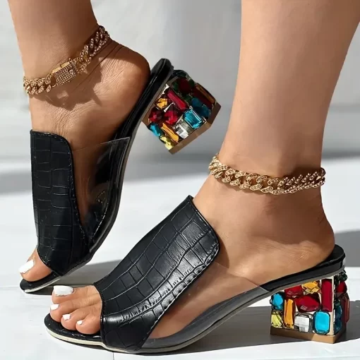 EItRWomen s Chunky Heeled Sandals Rhinestone Heeled Peep Toe Slip On Mid Heels Versatile Fashionable Sandals