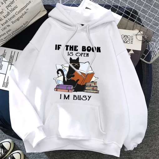 ELI1If The Book Is Open I m Busy Black Cat Hoody Women Casual Crewneck Hoodies Fashion