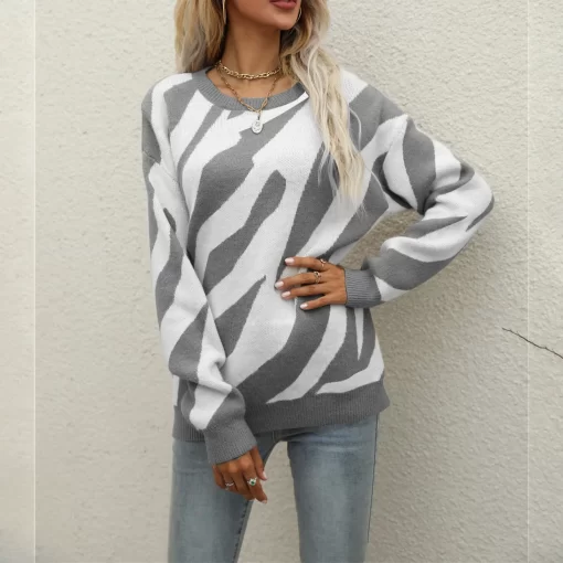 EQ01Fashion Zebra Pattern Sweater Women s Casual Pullovers Autumn Winter Knit Sweater Straight Sleeve O Neck