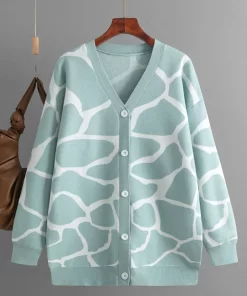 EgJKWomen Knitted Cardigan Winter Autumn Warm Long Sleeve Tops Korean Thick Print Cardigan Coat Casual Oversized