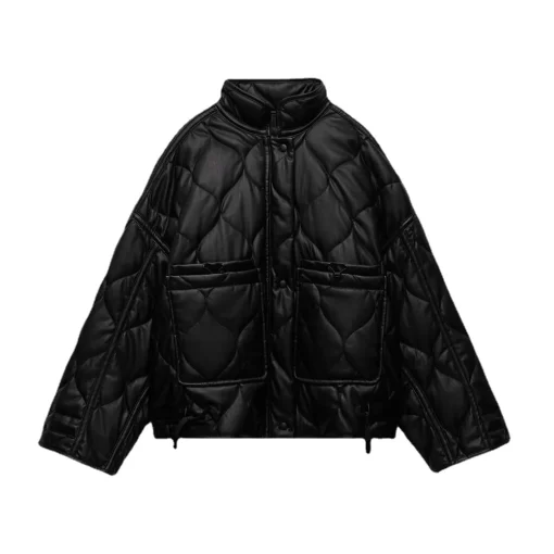 EvKXWomen Winter Parkas Thick Pu Parkas Coat Winter Quilted Jacket Faux Leather Streetwear Cotton padded Coat