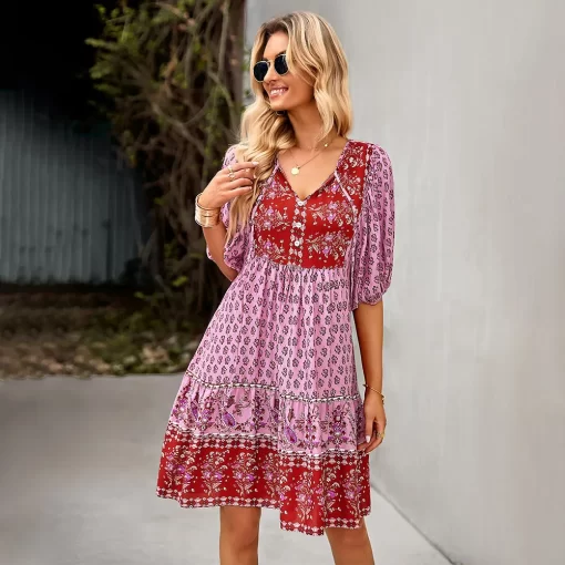 EzTcElegant and Chic Fixed Pattern Design Short Lanten Sleeve Bohemian Dress for Women Summer Vacation Home