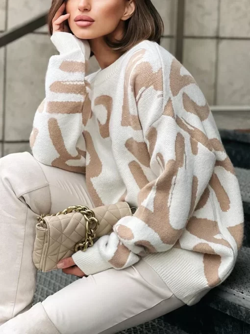 F5zCWinter Women s Sweater with Letter Print Green White Oversized Pullover O Neck Classic Vintage Knitted