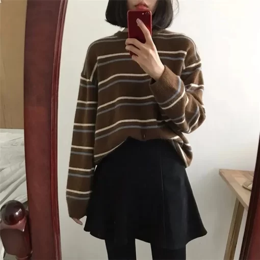 F7U9Striped Vintage Loose Round Neck Acrylic Knitted Sweaters Women Korean Fashion Long Sleeve Pullover Sweater Woman
